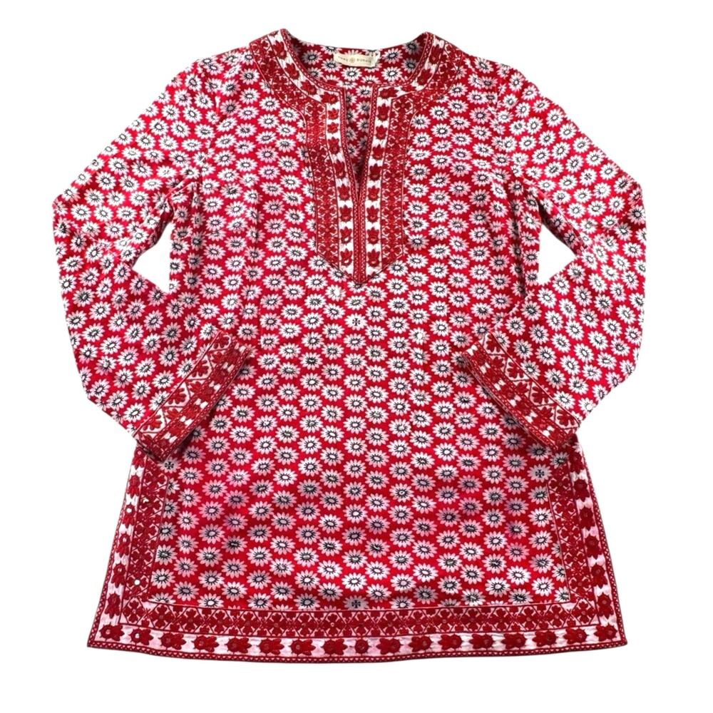 Tory Burch Jayne Tunic Womens 6 Nantucket Red Daisy Floral Embroidered Cotton